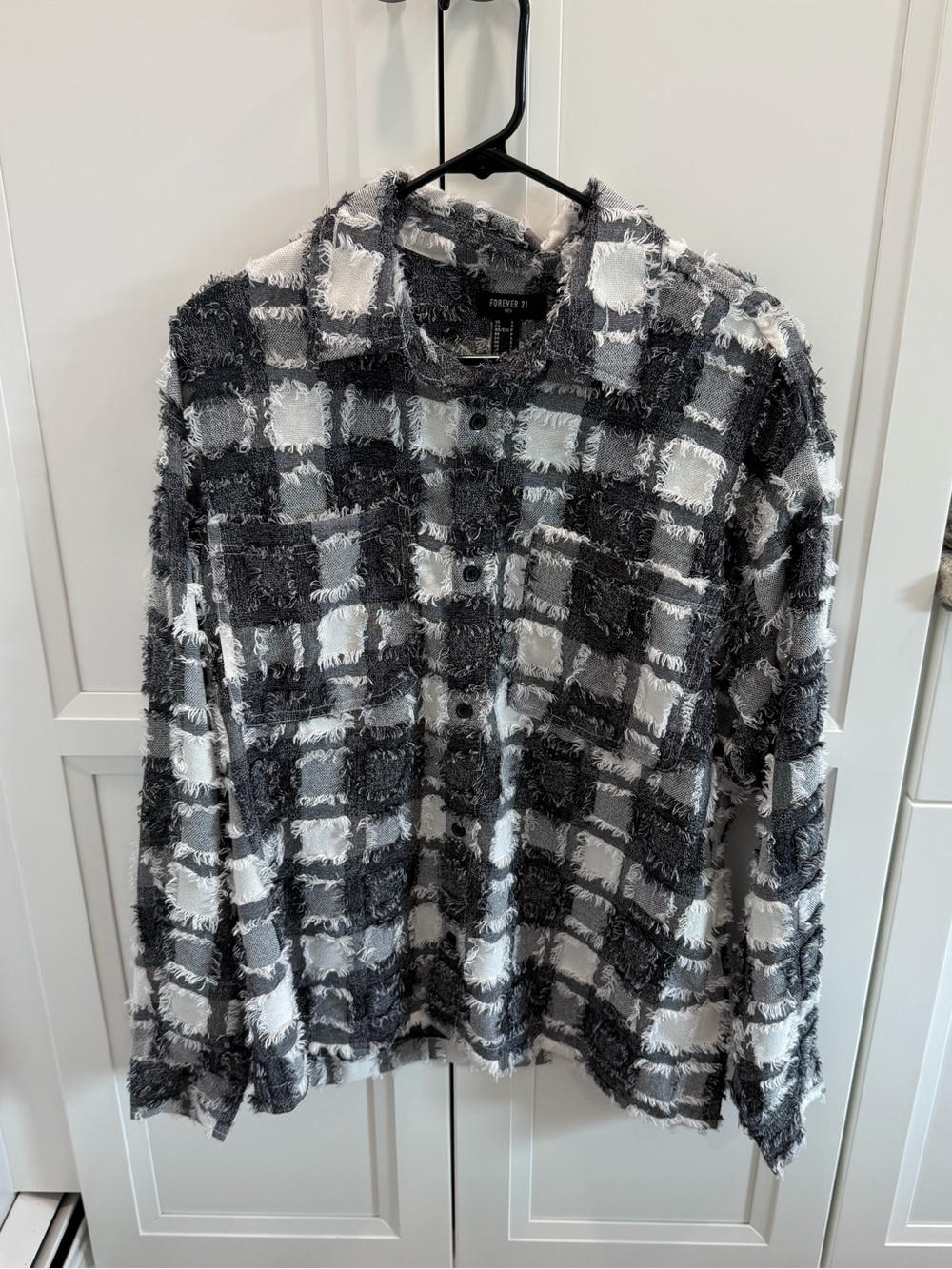Forever 21 Men's Black & White Fuzzy Plaid Crewneck Sweater